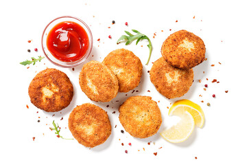 Chicken patties or fish cakes fried in breadcrumbs with ketchup and lemon slices. isolated on white background, top view - obrazy, fototapety, plakaty