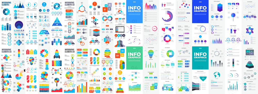 Poster massive infographics bundle and a4 brochure papers. collection of presentation elements - rocket, li