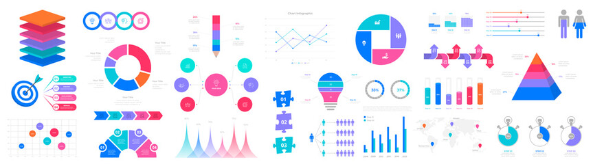 Big bundle of infographic elements. Pyramid, target, lightbulb, statistic, timelines and map