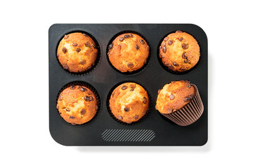 Chocolate chip muffins isolated on white background. top view	