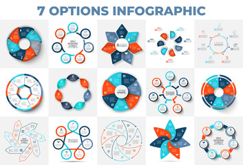 Big chart set with 7 options, steps or parts. Circles, arrows, heptagons and line infographics for presentations, advertisements or websites