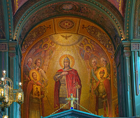 Mosaic image of St. Russian Grand Duke Alexander Nevsky, the commanders of the Russian Army and the saints of the Russian Church. The Author Is The Artist Vasily Nesterenko. Moscow, Russia, 10.09.2021