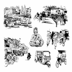 Hand drawn set of India life. Vector illustration