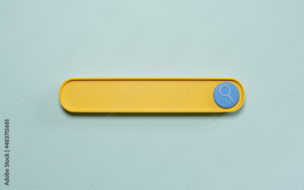 Poster yellow search bar icon element design on blue background for seo or search engine optimisation and t
