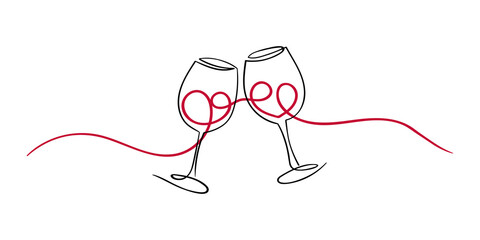 Two glasses of wine drawn with a line, with hearts inside. Sticker, label for valentine's day or love for wine