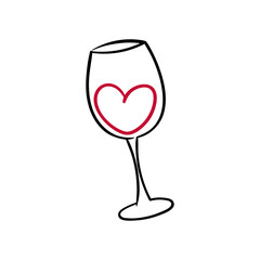 one glass of wine drawn by a line, with hearts inside. Sticker, label for valentine's day or love for wine