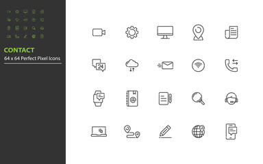 set of contact line icons, address, communication, email