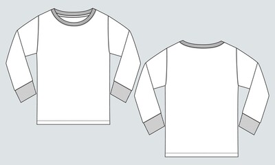 Long sleeve round neck Technical Sketch flat fashion T-shirt front and back view . Apparel dress design CAD Mock up Vector Illustration template.
