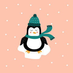 Сute penguin with a scarf and a green hat hand drawn vector illustration. Funny animal character. Cozy winter greeting card. 