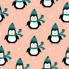 Сute penguins with a scarf and a green hat hand drawn vector illustration. Adorable baby background. Funny animals seamless pattern. 