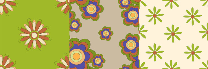 A set of seamless patterns of different backgrounds stylized flowers of the 60-70s. For packaging, paper, printing, fabric, textiles.