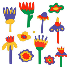 A set of plant elements and fancy colors in the hippie style of the 60-70s for design, website, prints, posters, banners.