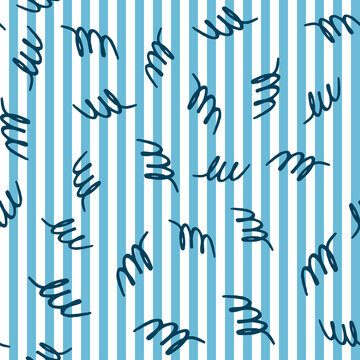 Seamless pattern with blue abstract shapes on white and light blue striped background. Vector design for textile, backgrounds, clothes, wrapping paper, fabric and wallpaper. Fashion pattern. © Julia