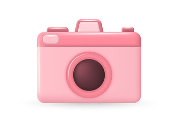 Photo camera. Pink gadget with lens and buttons. 3d vector icon. Cartoon minimal style. Realistic isolated vector