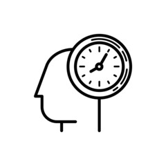 Punctuality, time management thin line icon. Silhouette of human head with watch. Modern vector illustration.