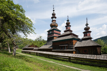 The Greek Catholic wooden church of the Protection of the Most Holy Mother of God from Mikulasova, located in the museum of Folk Architecture in spa of Bardejov, Slovakia