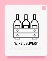 Wine box thin line icon. Three wine bottles in wooden box. Modern vector illustration for logo of wine delivery.