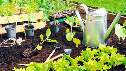 Planting seedlings in black soil enriched with biohumus and compost to increase fertility. Garden...