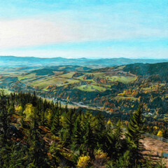 Obraz premium Oil paint on canvas wall art. Beauty landscape nature scene. Large size print. Touristic place. Vacation scene drawing. Beautiful view.