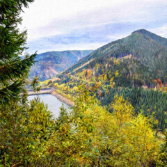 Oil paint on canvas wall art. Beauty landscape nature scene. Large size print. Touristic place. Vacation scene drawing. Beautiful view.