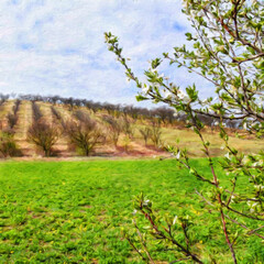 Oil paint on canvas wall art. Beauty landscape nature scene. Large size print. Touristic place. Vacation scene drawing. Beautiful view.