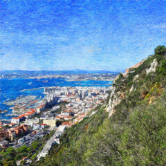 Naklejka premium Oil paint on canvas wall art. Beauty landscape nature scene. Large size print. Touristic place. Vacation scene drawing. Beautiful view.