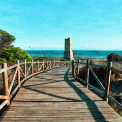 Obraz premium Oil paint on canvas wall art. Beauty landscape nature scene. Large size print. Touristic place. Vacation scene drawing. Beautiful view.