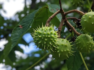 Horse chestnut in shell on a branch
