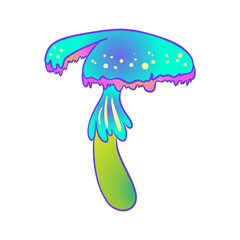 Magic mushrooms. Psychedelic hallucination. Vibrant vector illustration isolated on white. 60s hippie colorful art in vivid acid colors. Sticker, patch, poster graphic design.