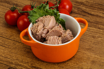 Canned tuna fillet in the bowl