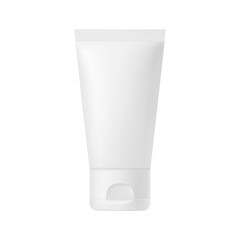 Realistic vector mockup of a white empty package. 3D illustration of a plastic tube with lid for cosmetics, gel, lotion, body cream, suntan lotion, toothpaste. Front view.