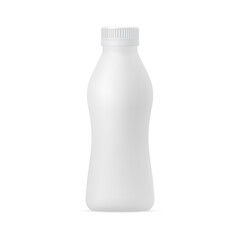 Realistic 3d vector illustration of a bottle for drinking yogurt. Mockup of a plastic package for milk, dairy drinks with a lid on white background. Template for design.