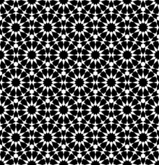 Twelve pointed star pattern arrowheads surround a circle. Seamless abstract background. Black and white. Texture design for textile, tile, cover, poster, banner, backdrop, wall. Vector illustration.