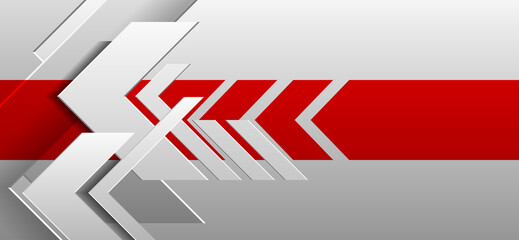 High-tech abstract background banner. White gradient arrowhead pattern with red stripes. Design elements for template, card, cover, poster, backdrop, wall. Vector illustration.