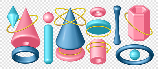 Geometric 3D shapes realistic blue pink and blue with gold rings. A vector realistic set of abstract rendering figures, sphere, cone, pyramid, octahedron, and torus. Forms of volumetric geometry are