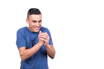 Man scrubbing his hands with a greedy expression