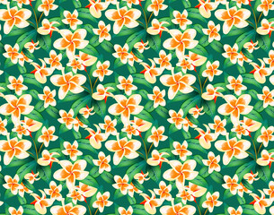 Summer seamless tropical pattern with colorful leaves and plants. Plumeria flower pattern. Modern abstract design for fabric, paper, indoor decor. Summer colorful Hawaiian.