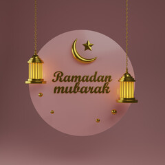 3D post design for Ramadan Kareem, Turkish traditional lantern Light Lamps, with crescent Moon. 3d illustration.