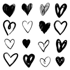 Big set of hand-drawn hearts on a white background. Doodle style.