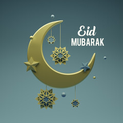 Obraz na płótnie Canvas Eid Mubarak social media post template. Celebrate the Islami holiday. 3d rendering golden crescent moon and hanging flower.