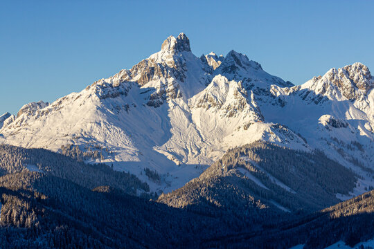 The 'Bischofsm&uuml;tze' mountain peak in the Austrian alps at sunset in wintertime (Filzmoos, Austria)