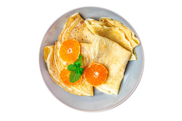 citrus thin pancake breakfast crepe Shrovetide holiday Maslenitsa sweet dessert pancakes healthy meal food snack on the table copy space food background