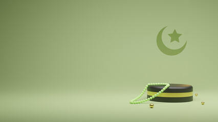 3d Ramadan wallpaper, modern Islamic background, 3d rendering tasbih on the podium for Eid Mubarak post.