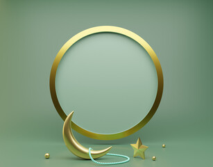 Eid Mubarak Celebration with the 3D rendering crescent moon and tasbih. Round shape background for your message.