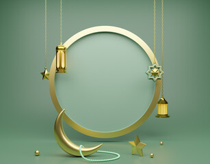 Eid Mubarak celebration with 3D rendering hanging lantern and crescent moon. Round shape background for your message.