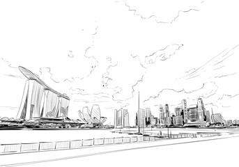 Singapore. Marina Bay Sands. Unusual perspective hand drawn sketch. City vector illustration - obrazy, fototapety, plakaty