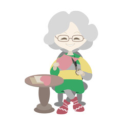 Senior lady sitting at the table with scissors and a valentine card. Simple flat style cartoon character female old age. Vector illustration. Valentine's day, love, romance, elderly person.