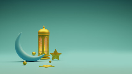 Eid Mubarak greeting. Ramadan Kareem post design with your text space. 3D rendering lantern and moon.