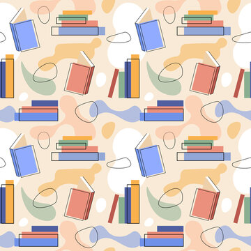 Seamless pattern of colored abstract spots and books