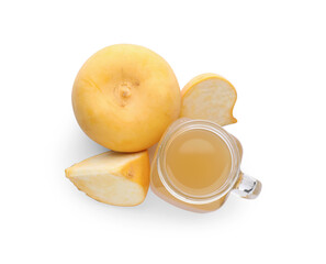 Freshly made turnip juice on white background, top view
